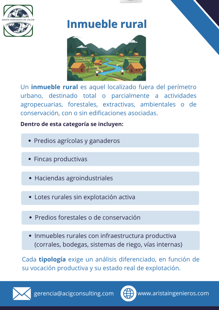 Un inmueble rural es aquel localizado fuera del perímetro urbano, destinado total o parcialmente a actividades agropecuarias, forestales, extractivas, ambientales o de conservación, con o sin edificaciones asociadas.