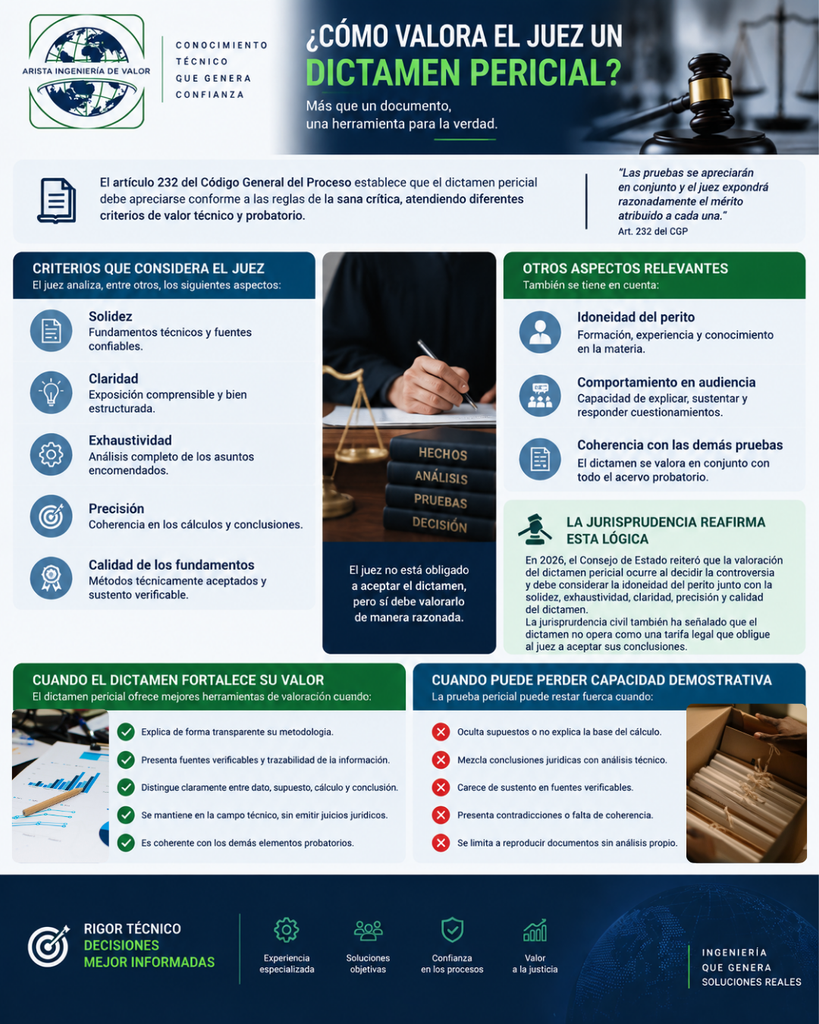 El artículo 232 del Código General del Proceso dispone que debe apreciarse conforme a las reglas de la sana crítica, atendiendo la solidez, claridad, exhaustividad, precisión y calidad de sus fundamentos, la idoneidad del perito, su comportamiento en audiencia y las demás pruebas del proceso.